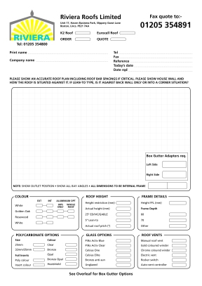 Riviera Conservatory Roofs Ltd Order Form Page 1